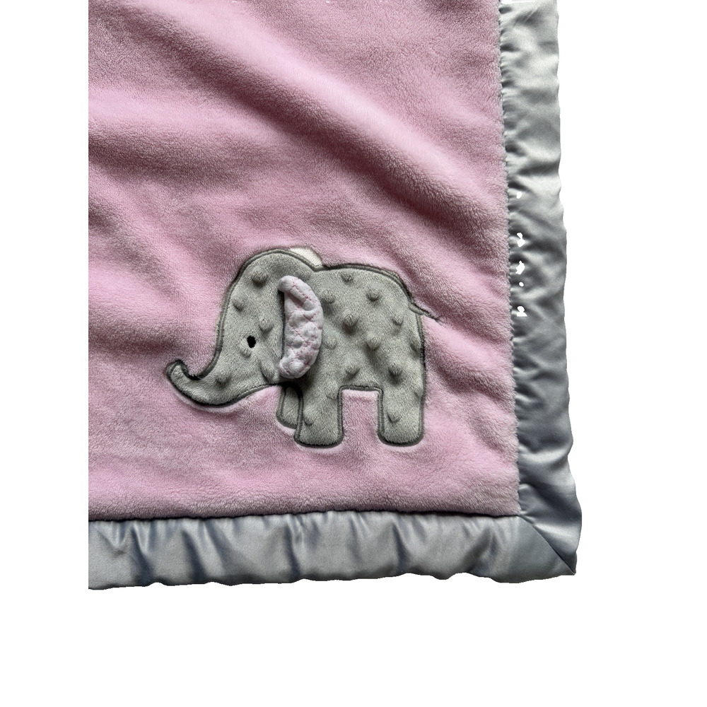 Wendy Bellissimo Elephant Pink Gray Satin Trim Minky Dot Baby Blanket Kids Lovey